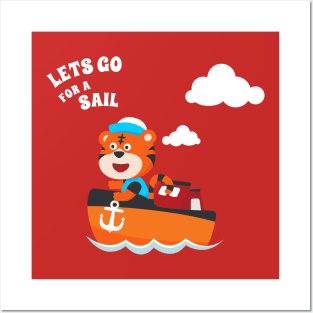 Cute tiger the animal sailor on the boat with cartoon style. Posters and Art